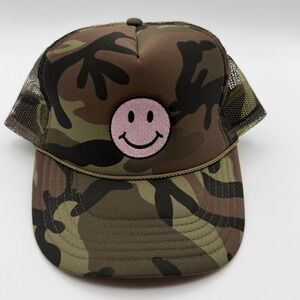 Friday + Saturday Camo Smiley Trucker Hat Pink Patch Mesh Otto